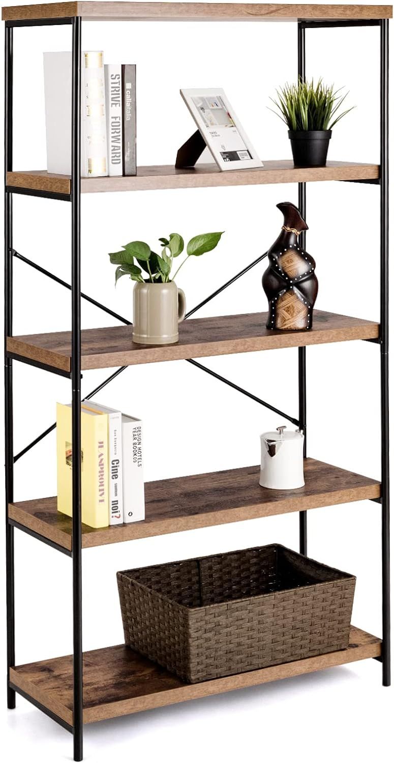 Rustic Brown Wood and Metal 5-Tier Bookcase