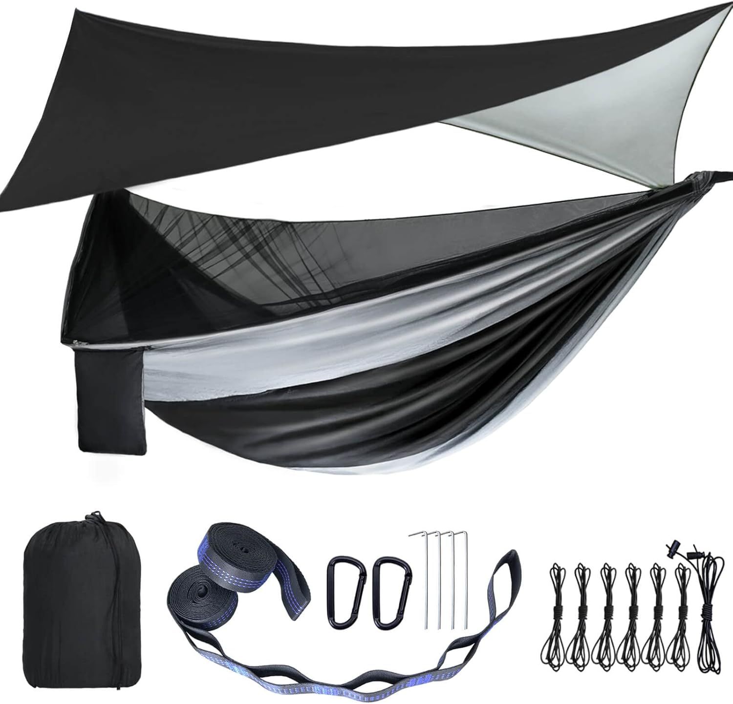 Black and Gray Nylon Parachute Camping Hammock with Mosquito Net and Rain Fly Tarp