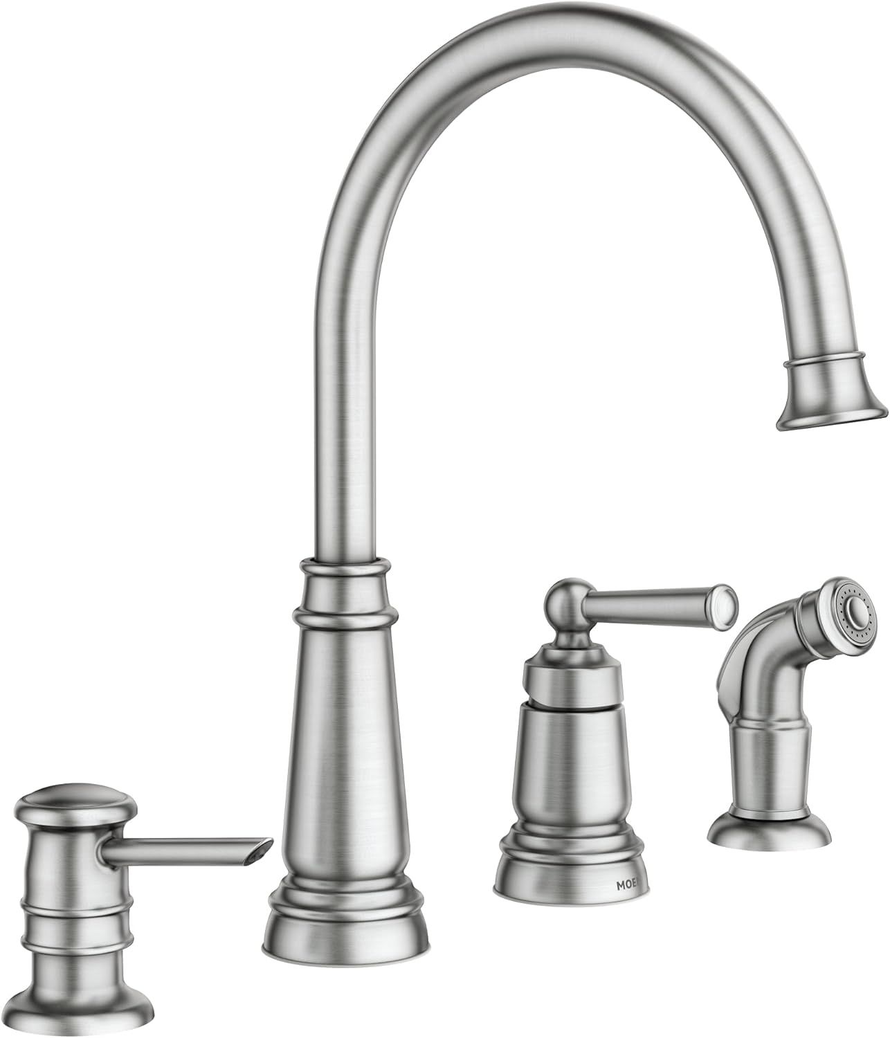 Spot Resist Stainless Steel High Arc Kitchen Faucet with Side Sprayer and Soap Dispenser