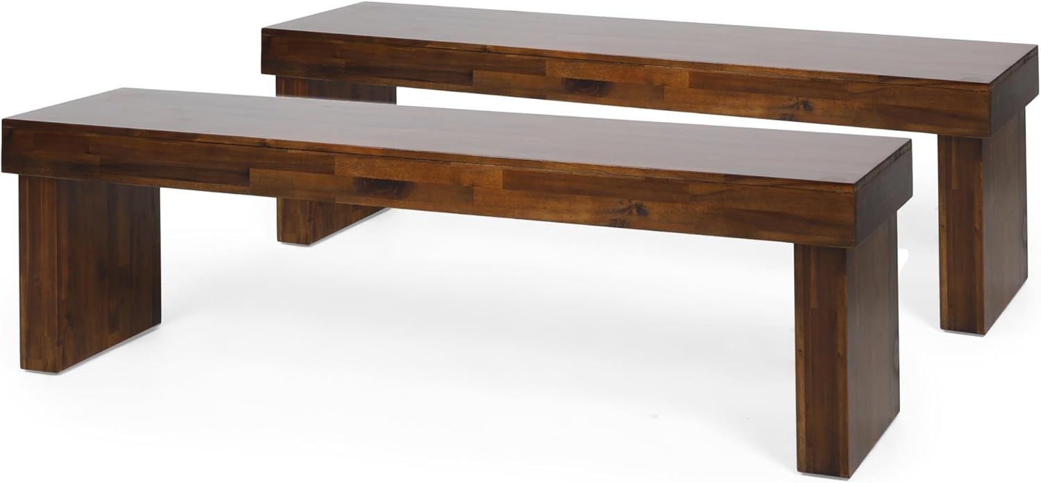 Logan Rustic Acacia Wood Dining Benches Set in Rich Mahogany