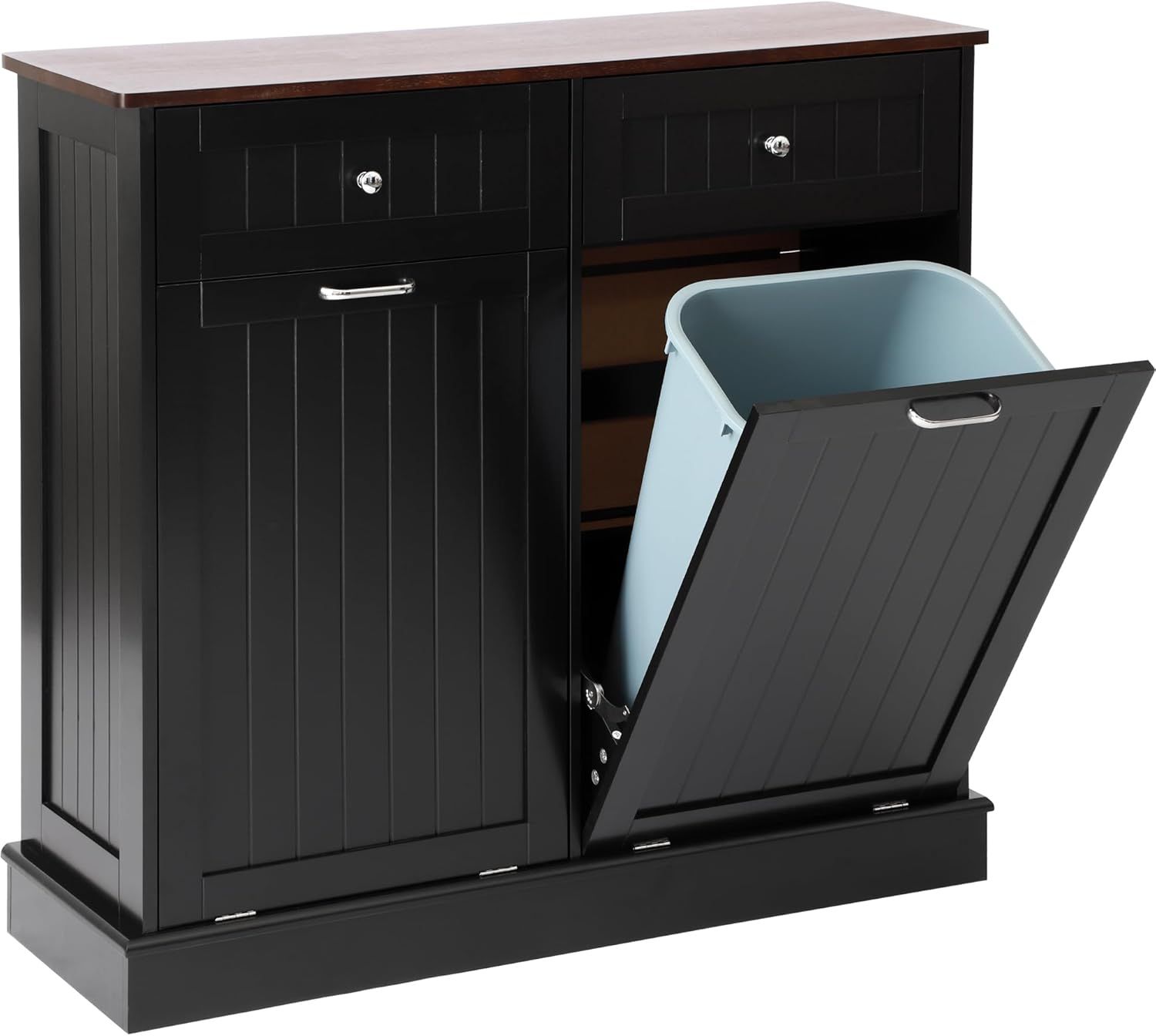 Black Double Tilt Out Trash Cabinet with Countertop and Drawer