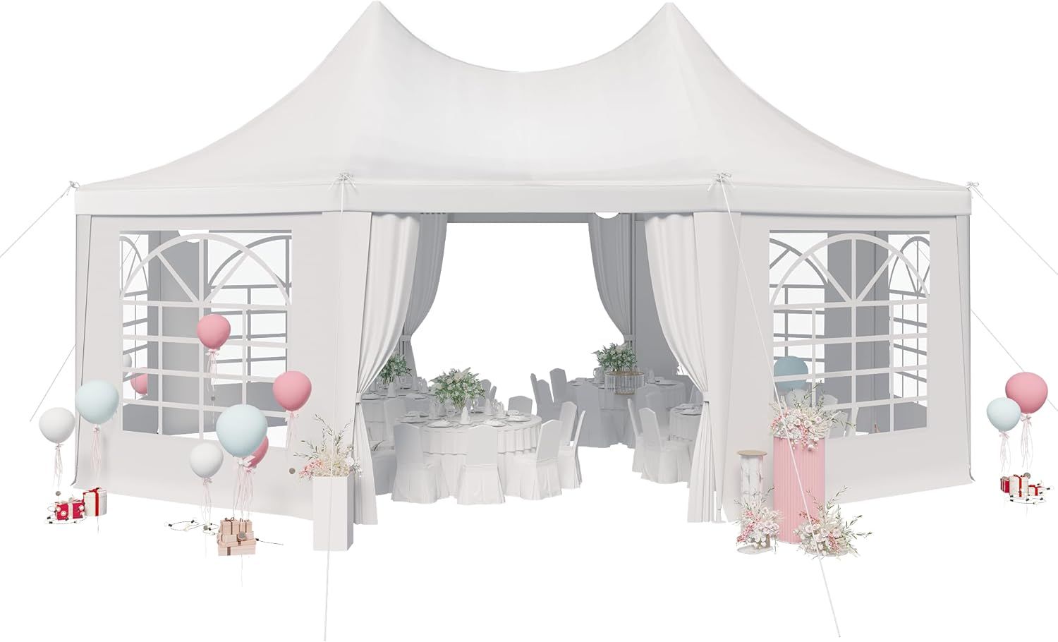 White Hexagonal Party Tent with Peaked Canopy and Removable Sidewalls