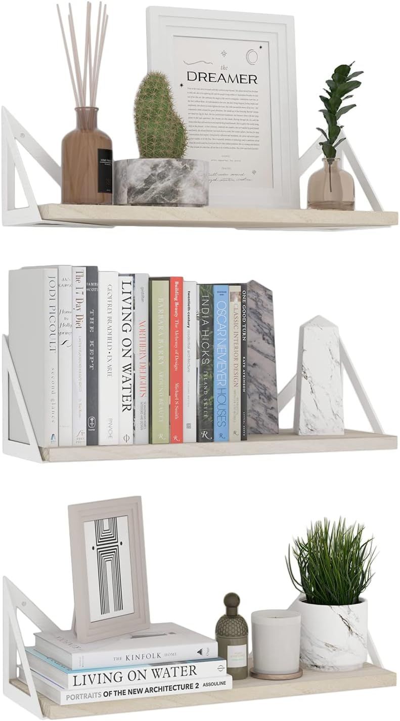 Natural Wood Floating Accent Shelf with White Brackets