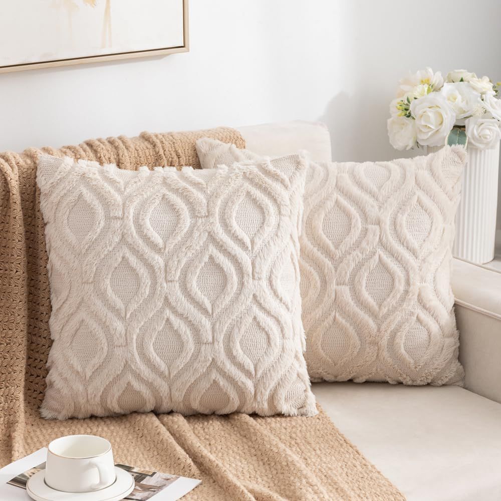 Beige Plush Faux Wool Euro Throw Pillow Covers, Set of 2