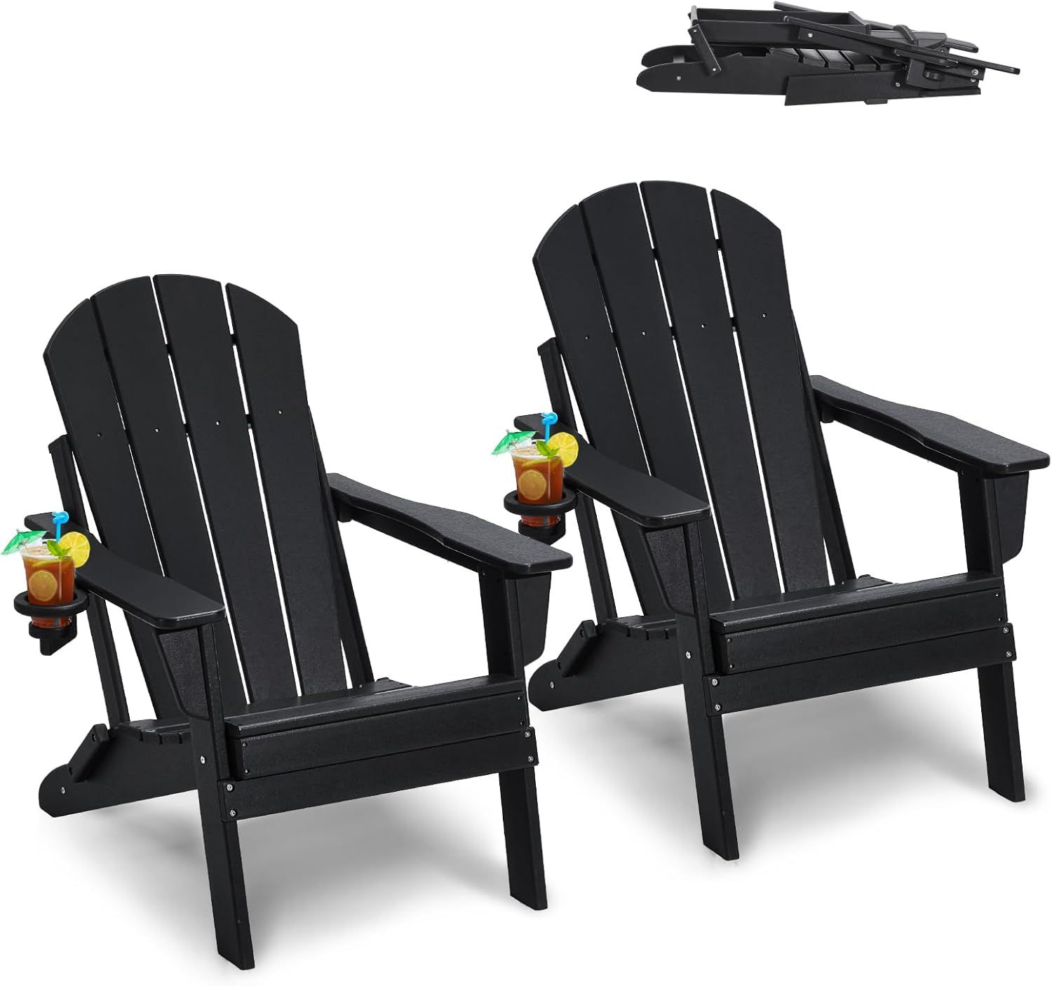 Black HDPE Plastic Folding Adirondack Chairs with Cup Holder, Set of 2