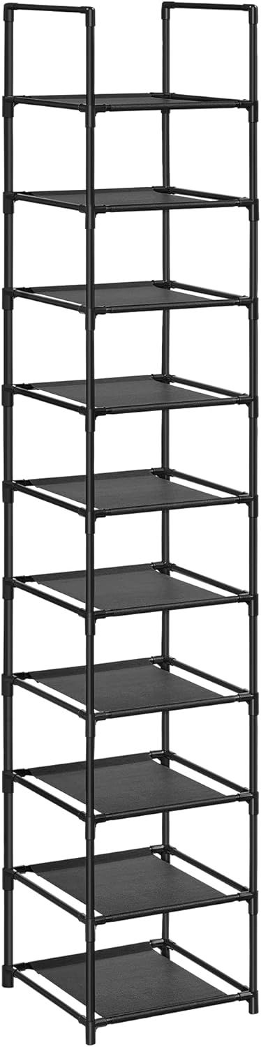 Black 10-Tier Metal and Fabric Freestanding Shoe Rack