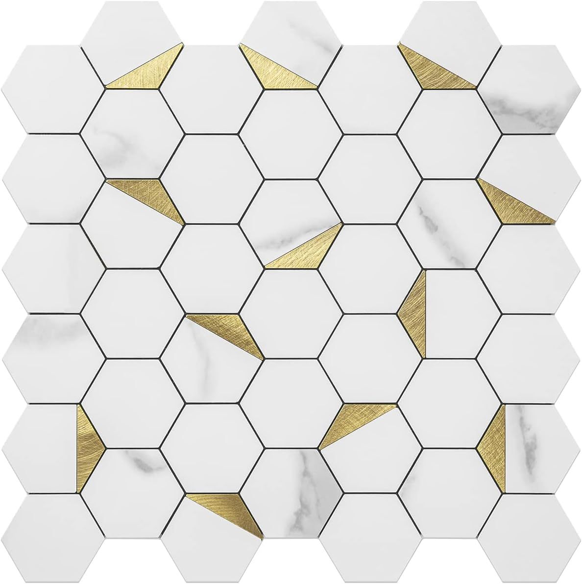 White Marble and Gold Hexagon Peel and Stick Backsplash Tiles