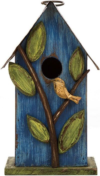 Distressed Blue Wooden Birdhouse with Leaf Accents