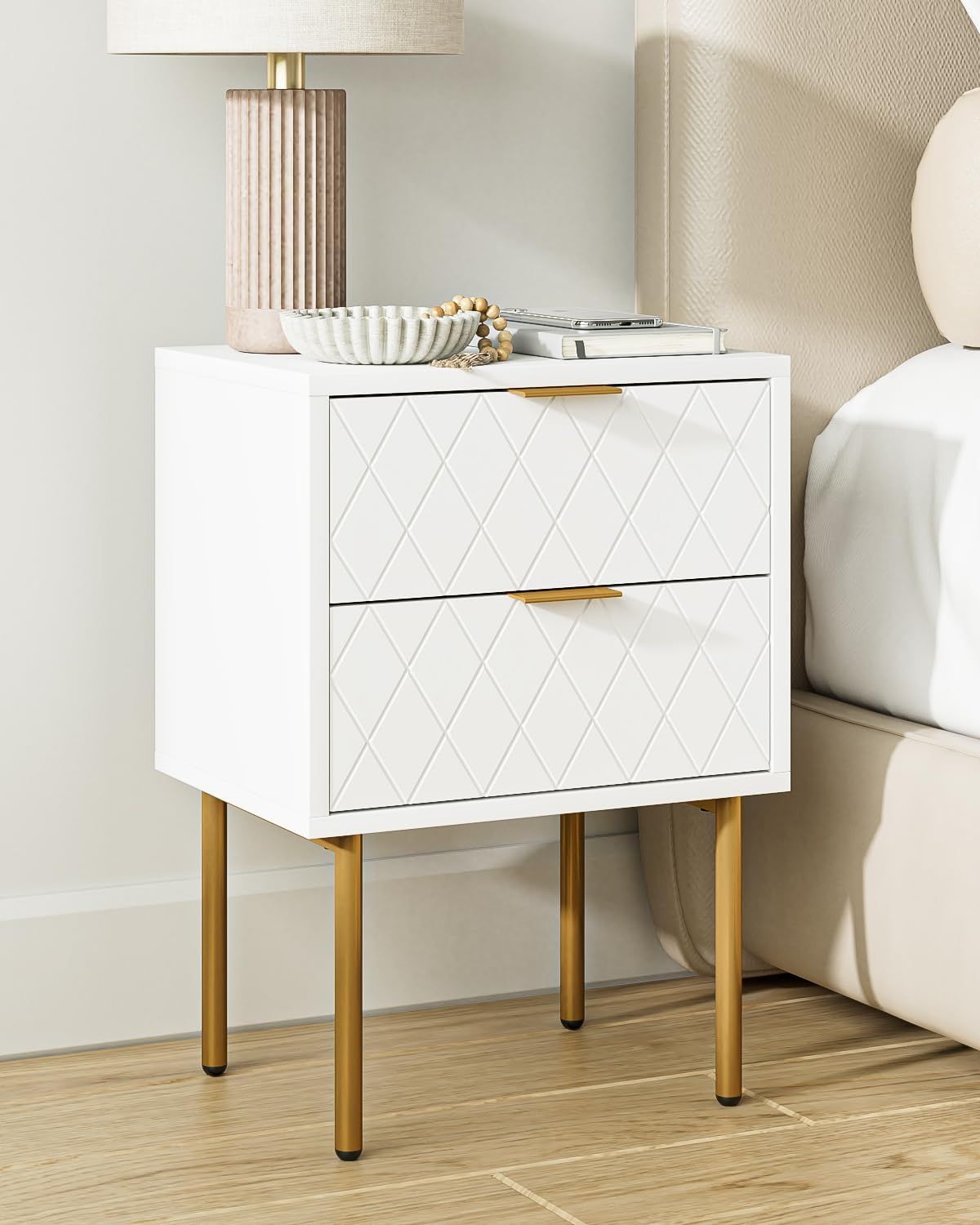 White and Gold Modern Nightstand with Drawer and Shelf