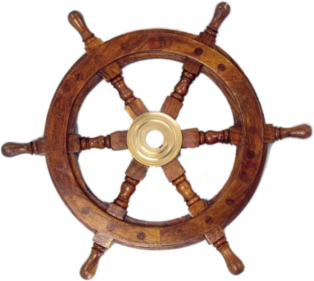 Deluxe 12'' Brown Wood and Brass Nautical Ship Wheel