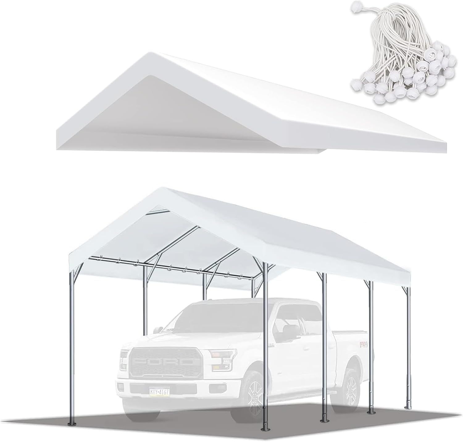 White 10'x20' PE Carport Replacement Canopy Cover with Bungees