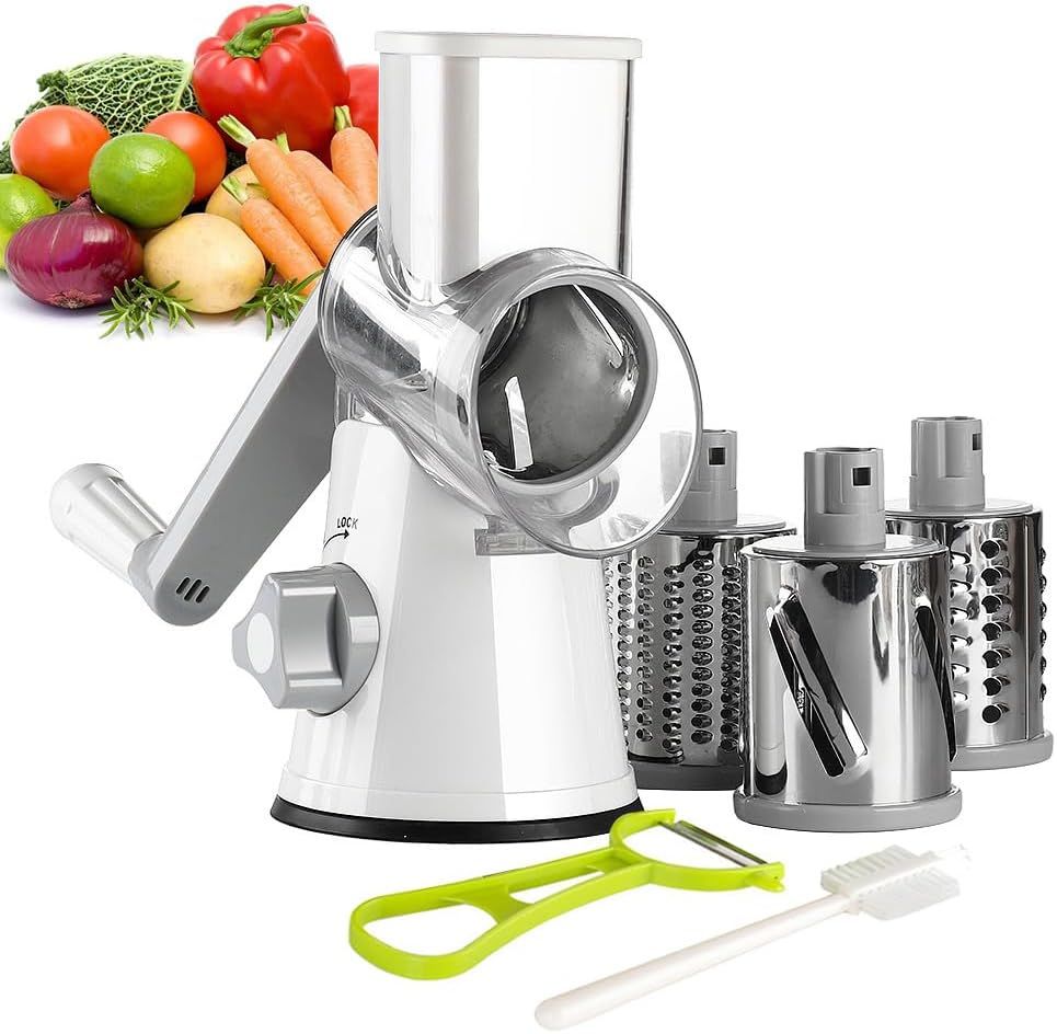 White Rotary Hand Crank Cheese Grater with Stainless Steel Blades