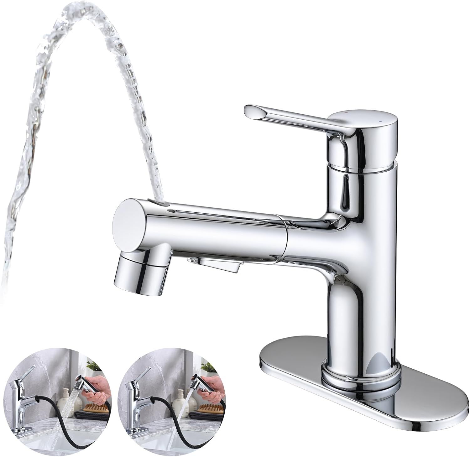 Chrome Single Handle Bathroom Faucet with Pull Out Sprayer