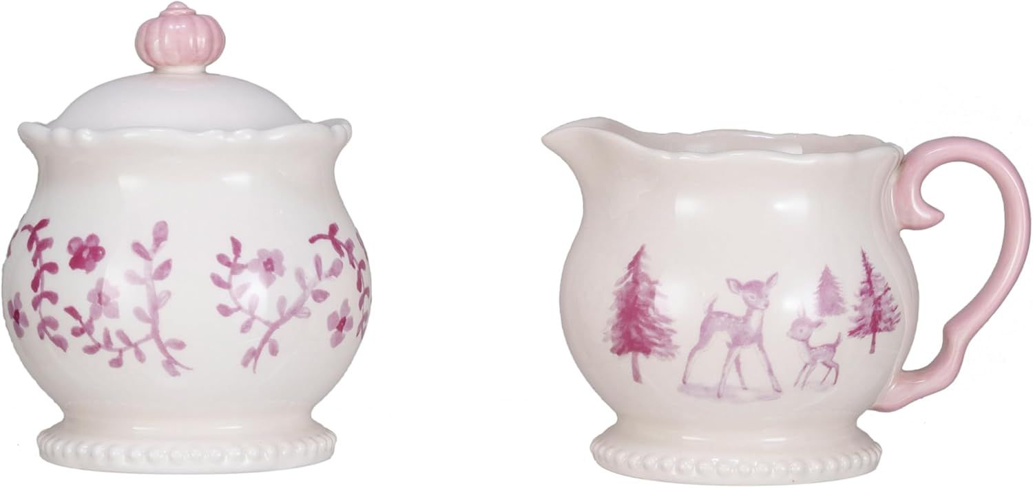 Pink and Cream Stoneware Holiday Creamer and Sugar Pot Set