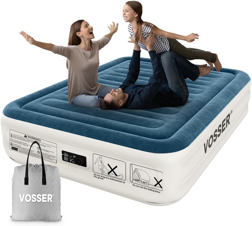 Queen Blue and White Raised Air Mattress with Built-in Pump