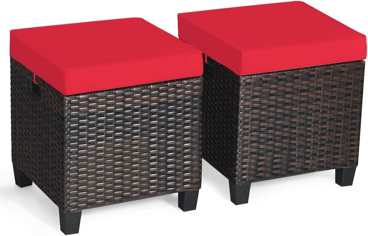 Outdoor Brown Wicker Ottoman with Red Cushions, Set of 2