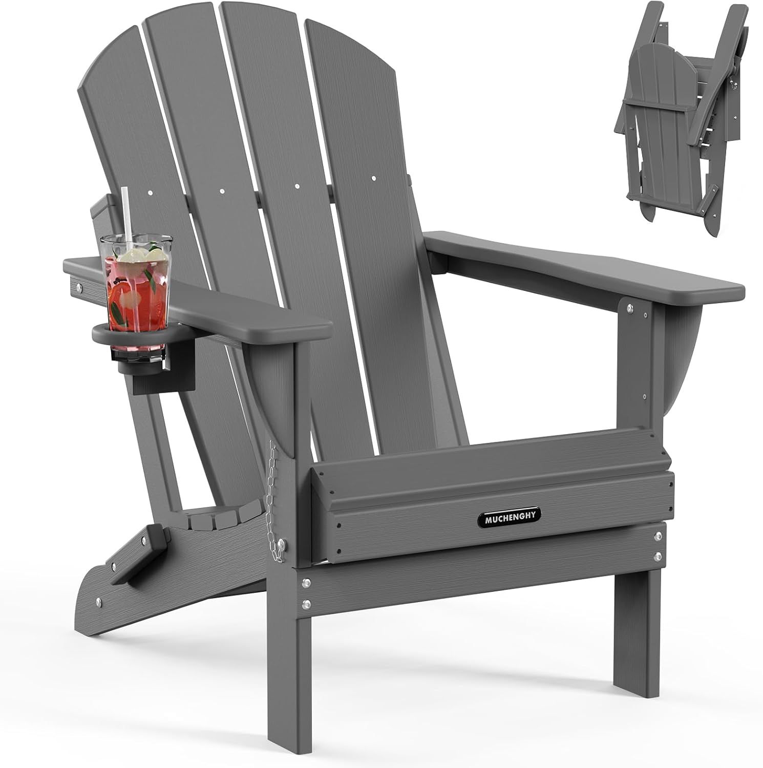 Gray Folding Plastic Adirondack Chair with Cup Holder