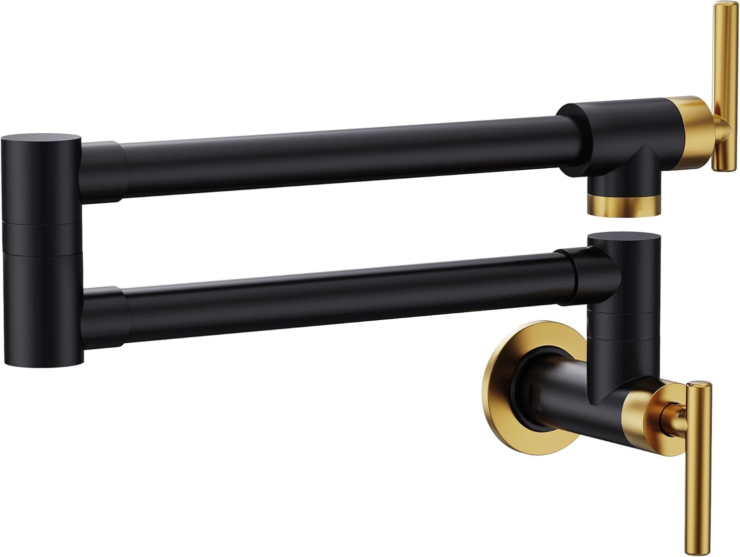 Black and Gold Wall Mounted Double Handle Pot Filler Faucet