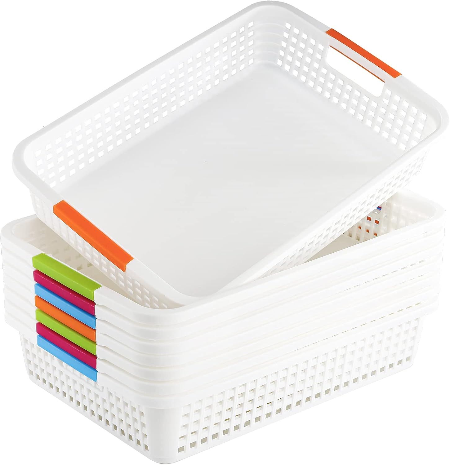 Set of 8 White Plastic Storage Baskets with Color Handles