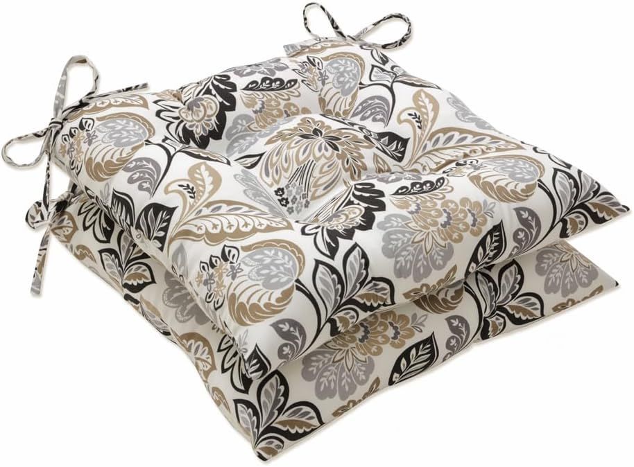 Neutral Floral Tufted Outdoor Chair Cushions with Ties, Black and Tan