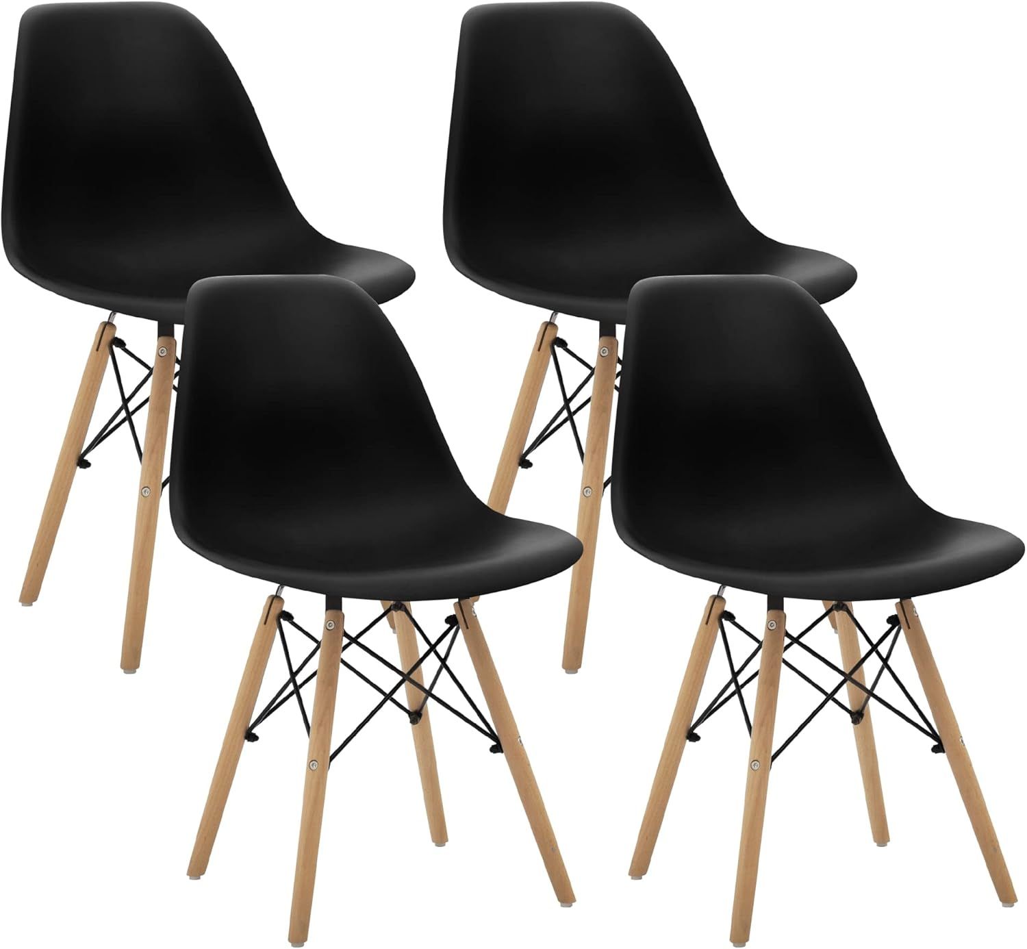 Black Ergonomic Plastic Side Chairs with Wooden Legs, Set of 4