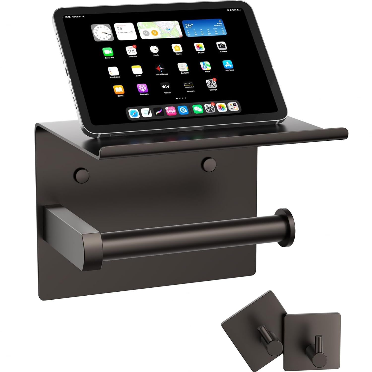 Mega Size Bronze Stainless Steel Toilet Paper Holder with Shelf and Hooks