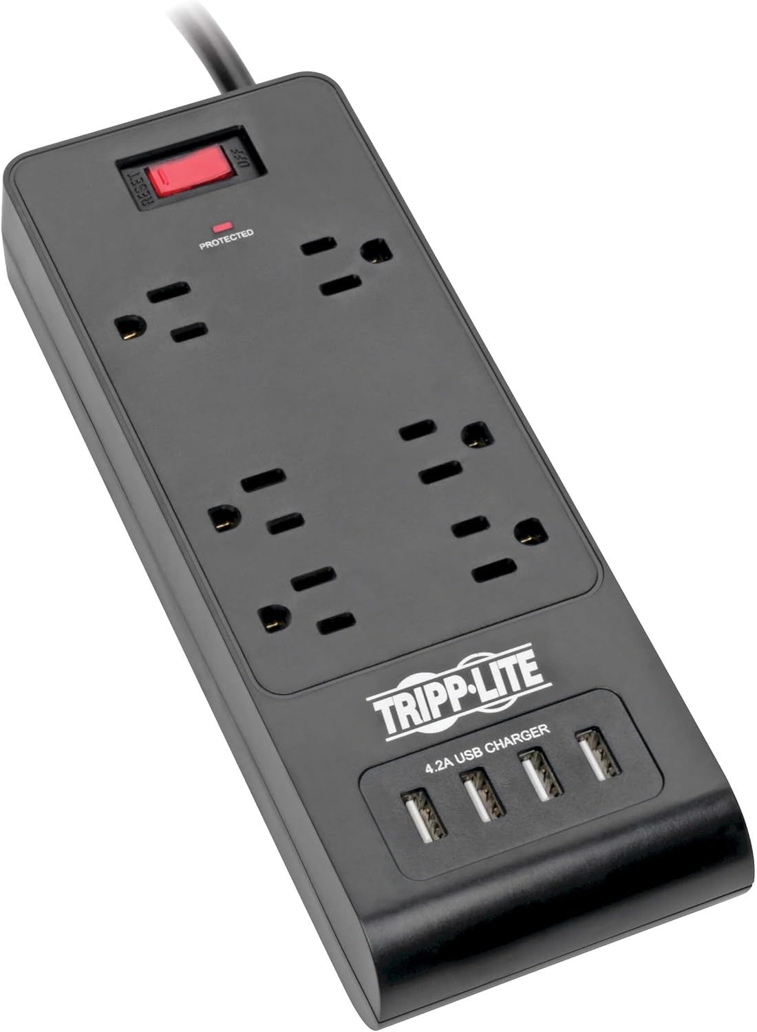 Black 6-Outlet Surge Protector with 4 USB Ports and 6ft Cord