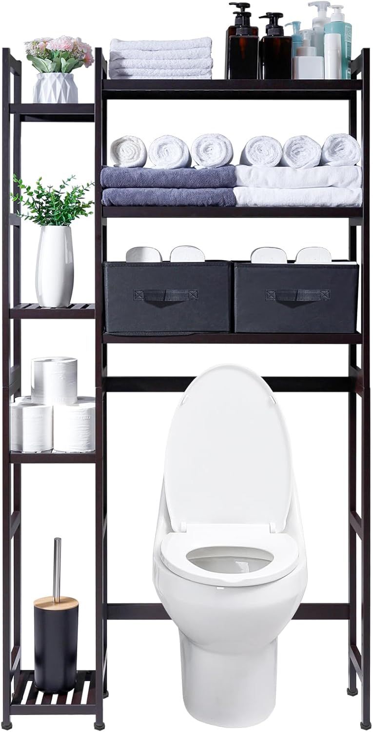 Brown Bamboo Adjustable Over-the-Toilet Storage Rack with Basket and Drawer