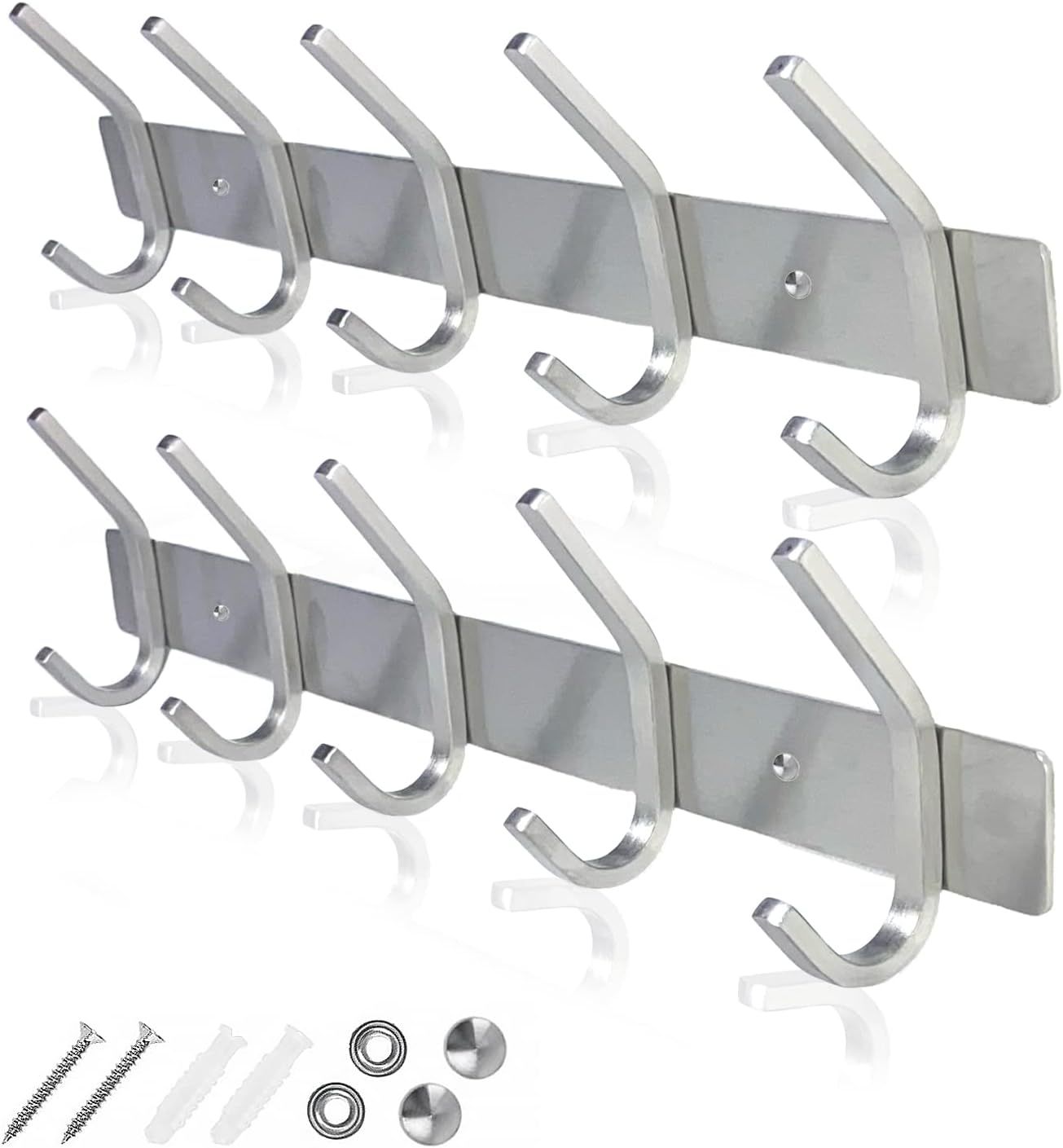 Silver Stainless Steel Wall Mounted Coat Rack with 6 Hooks (2 Pack)