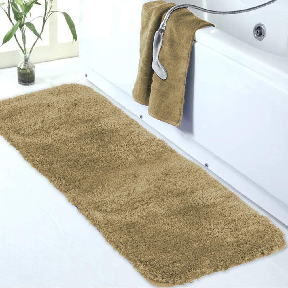 Sand Microfiber Shaggy Bathroom Rug with Non-Slip Rubber Backing, 24 x 60