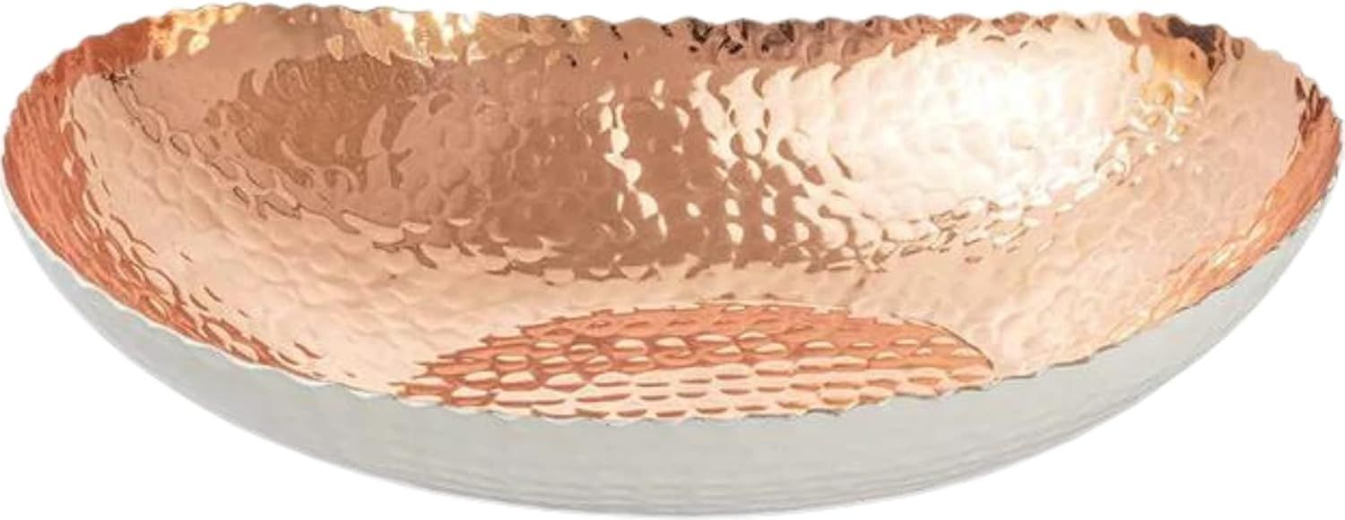 Hand Hammered Oval Aluminum Decorative Bowl in White and Copper Finish