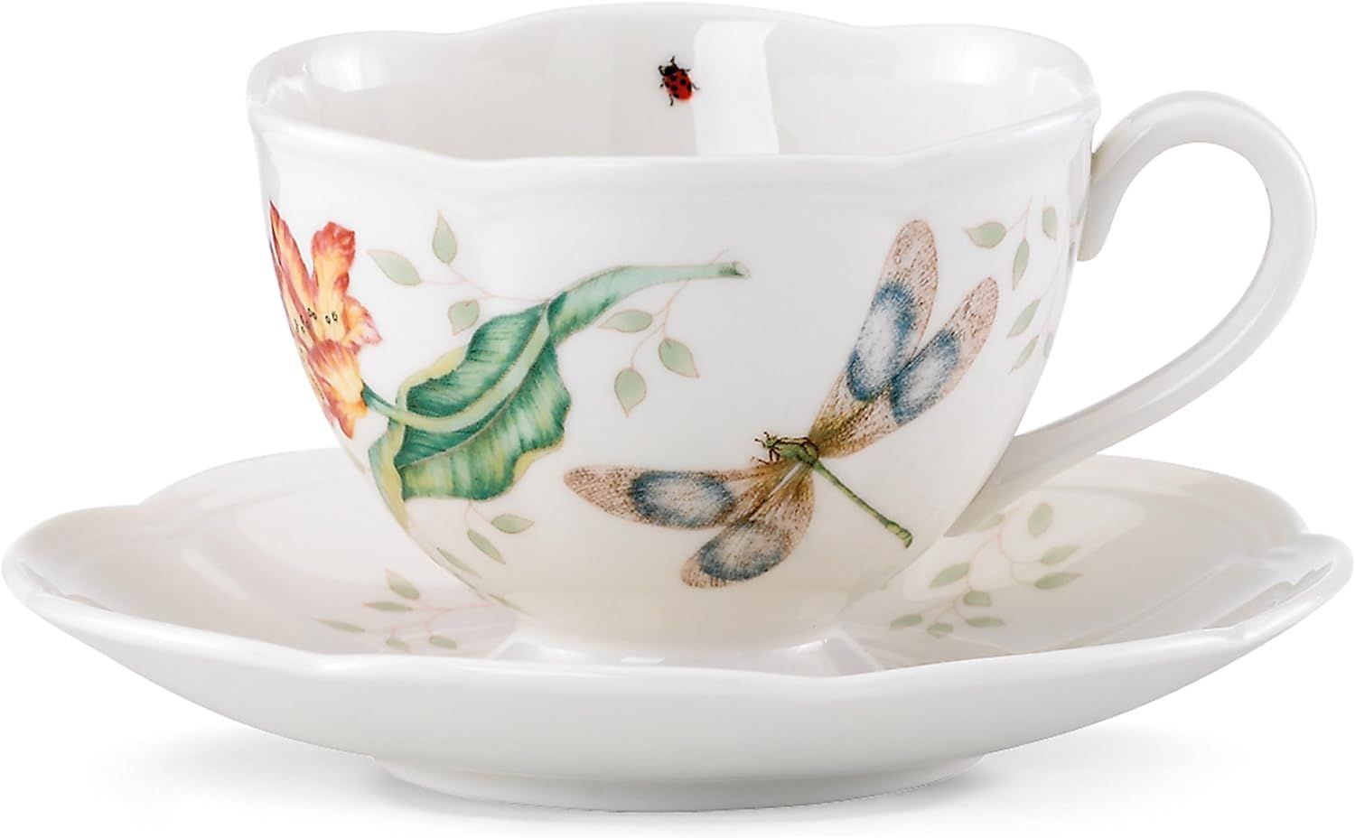 Colorful Ceramic Teacup and Saucer with Floral Print