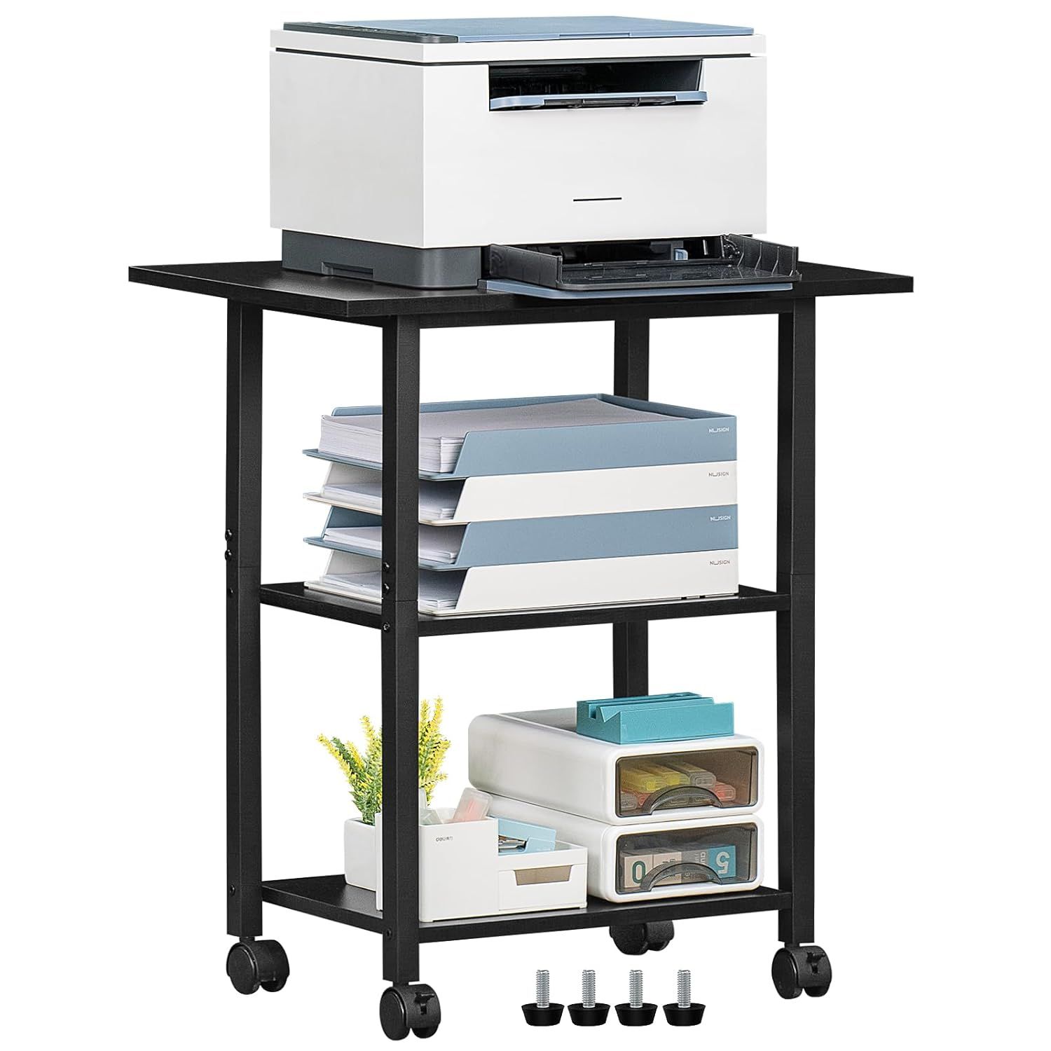 Black Steel Frame 3-Tier Mobile Printer Stand with Storage Shelf