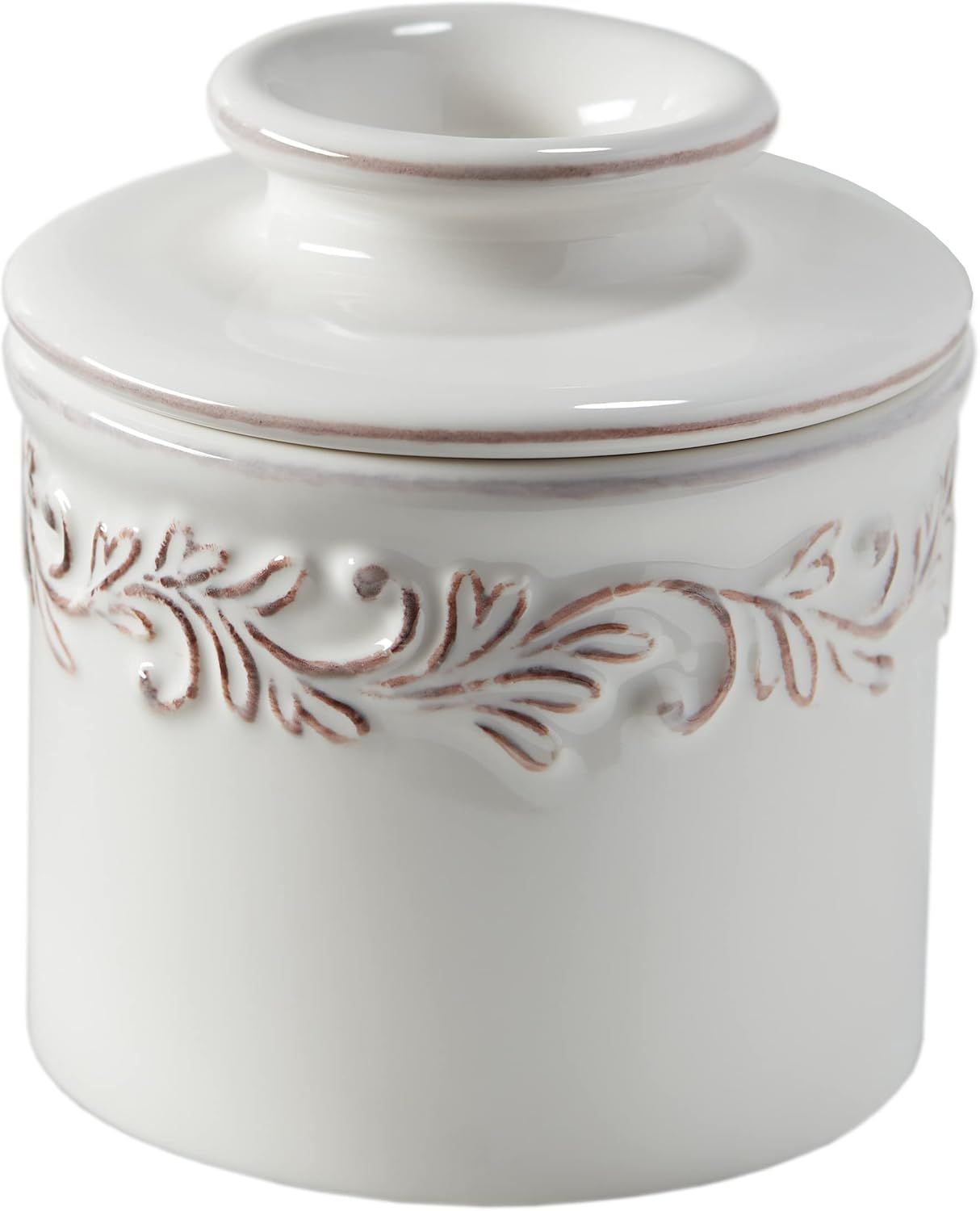Antique White Ceramic Butter Bell Crock with Embossed Design