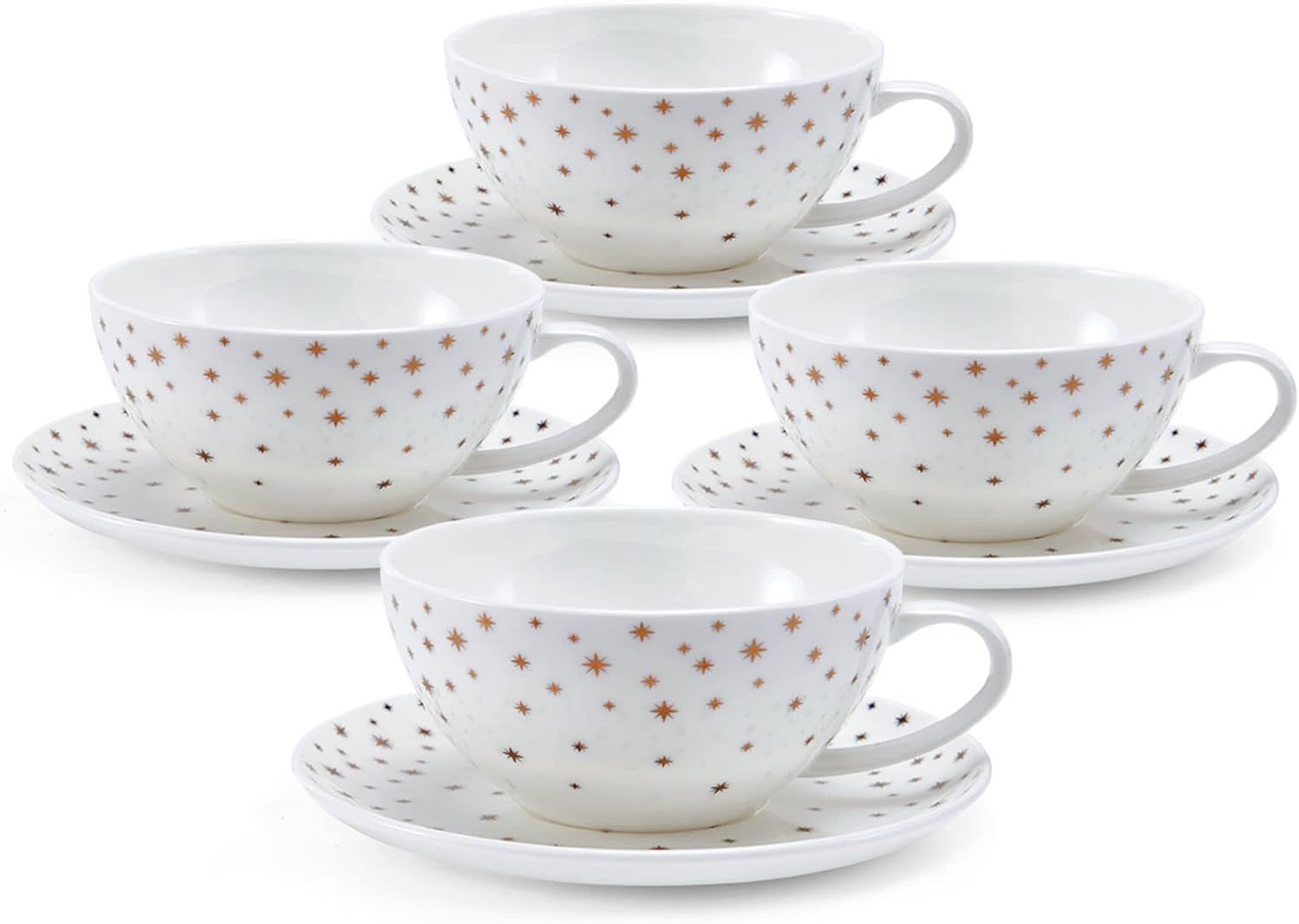 Millie White and Gold Bone China Tea Cups with Saucers, Set of 4