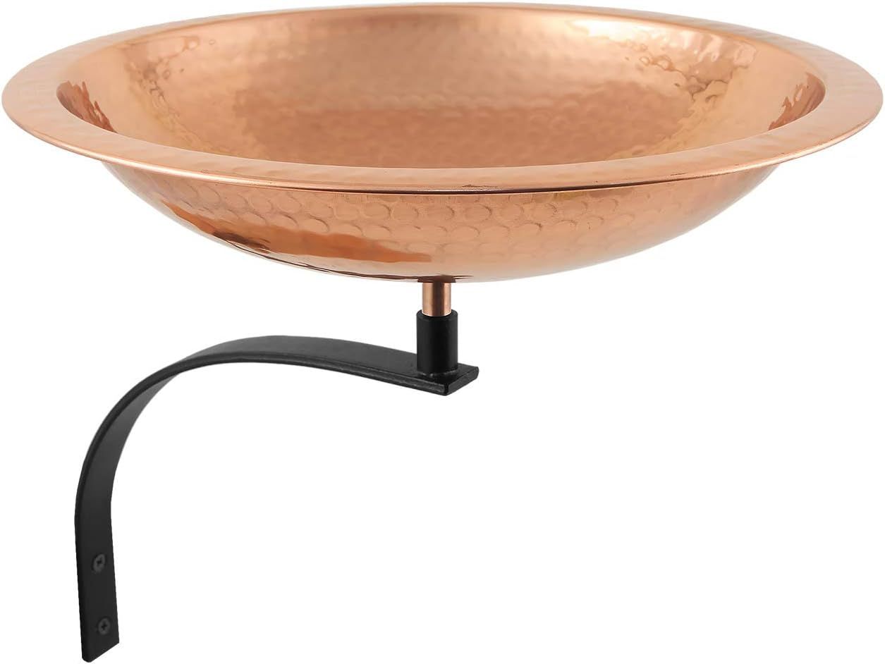 Hammered Copper Wall-Mounted Birdbath with Black Iron Bracket