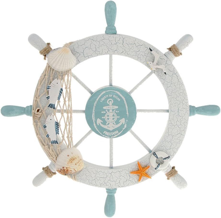 White and Blue Nautical Pine Wood Ship Wheel Decor