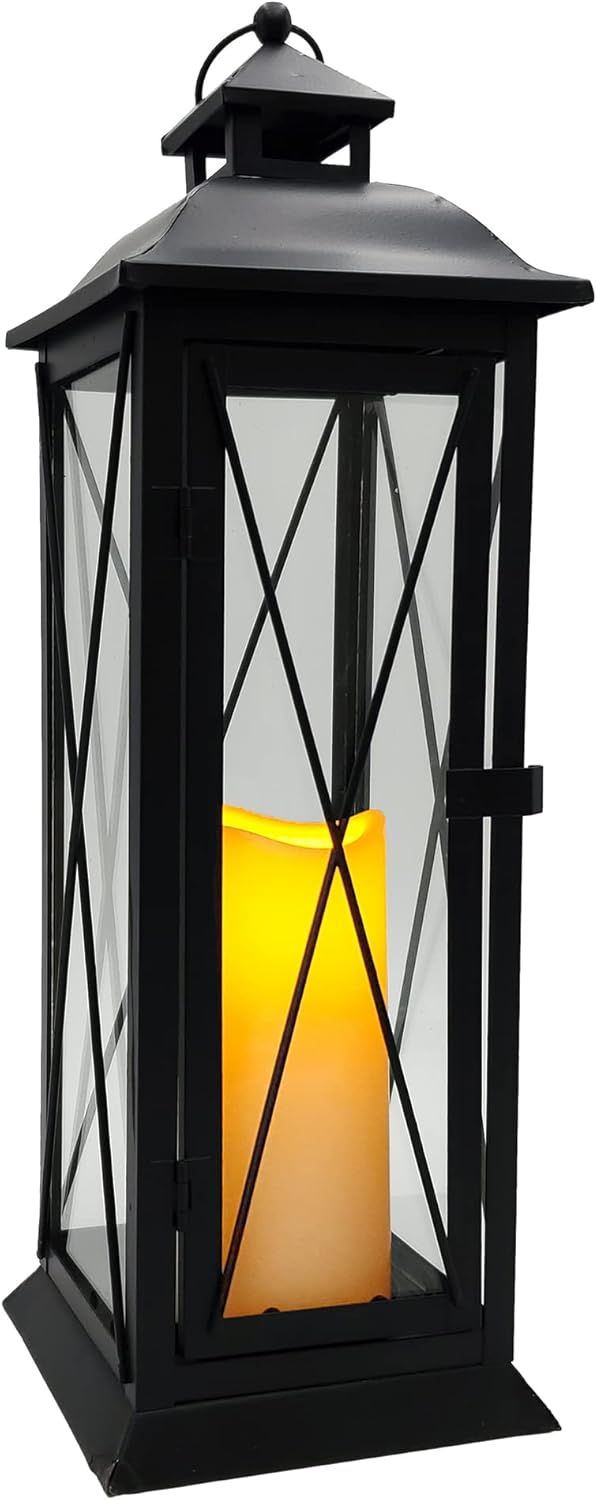 Black Metal Lantern with Amber LED Candle