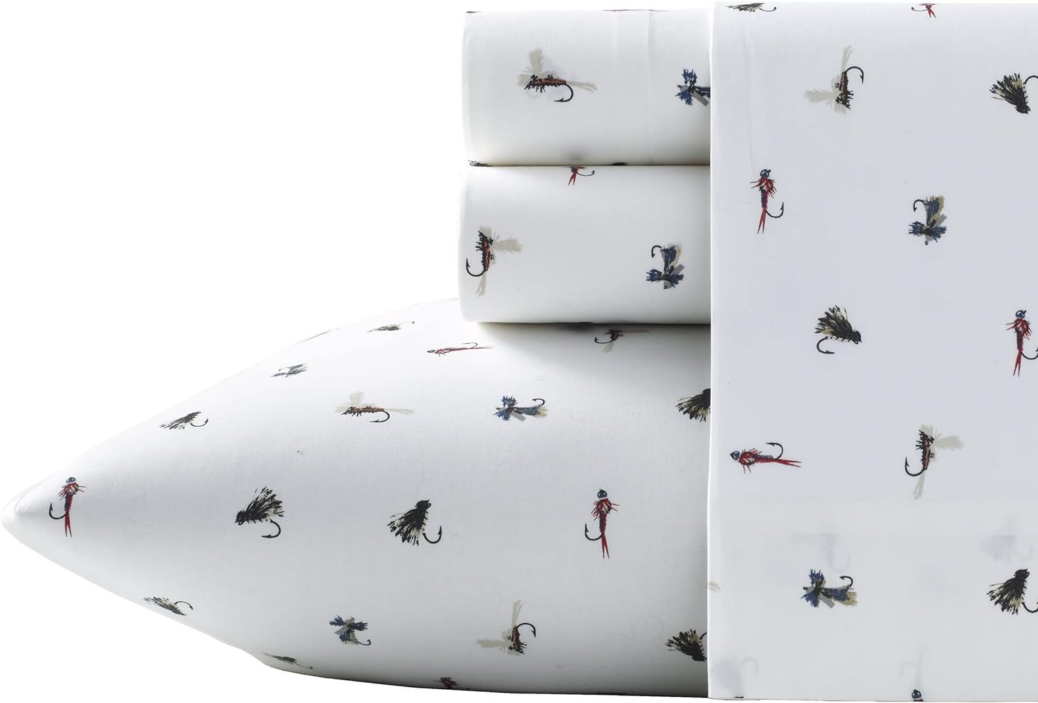 Eddie Bauer - Full Sheets, Cotton Percale Bedding Set, Crisp & Cool Home Decor (Fishing Flies White, Full)