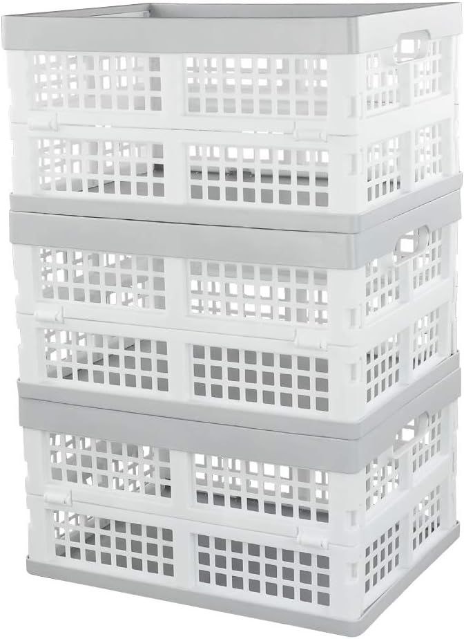 White and Gray Plastic Stackable Collapsible Storage Crate Set