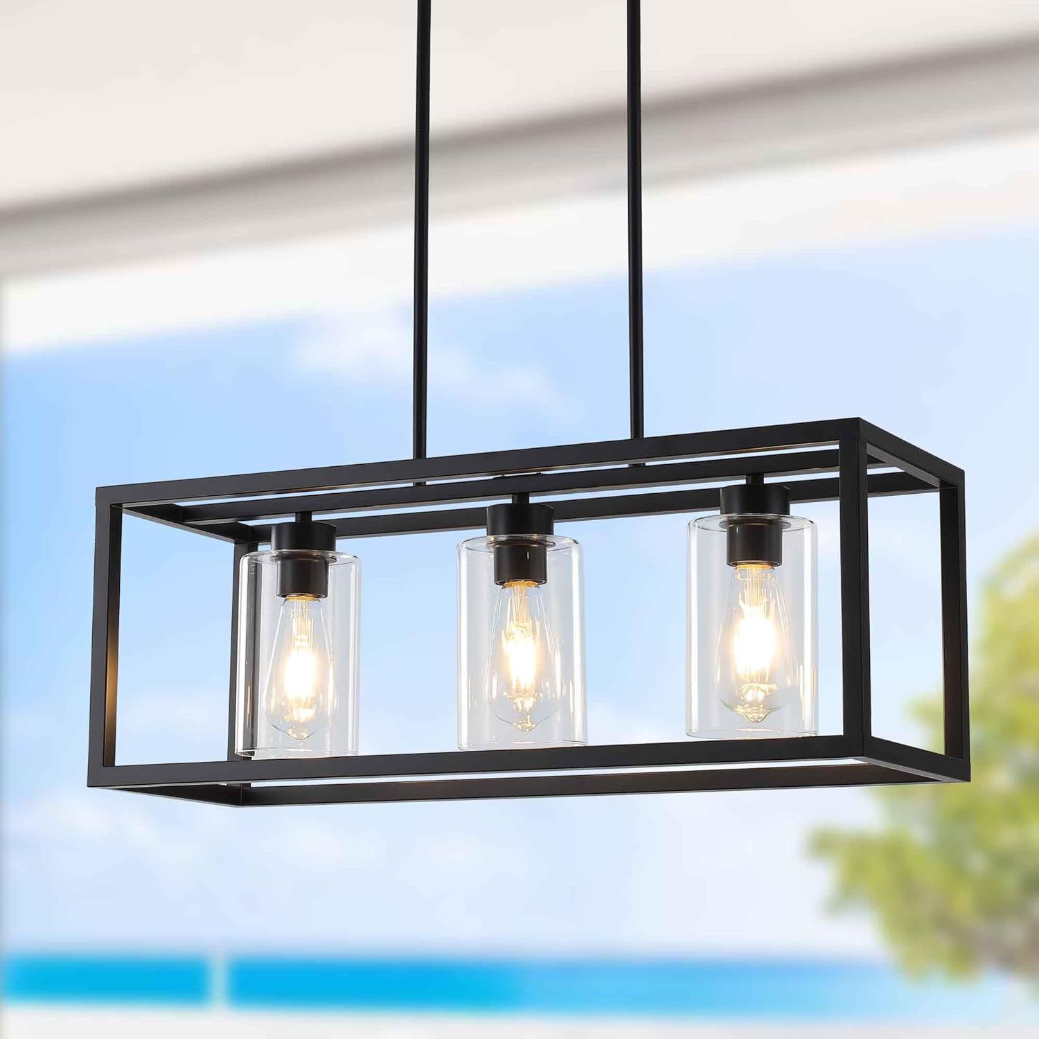 Black Metal and Glass 3-Light Kitchen Island Pendant