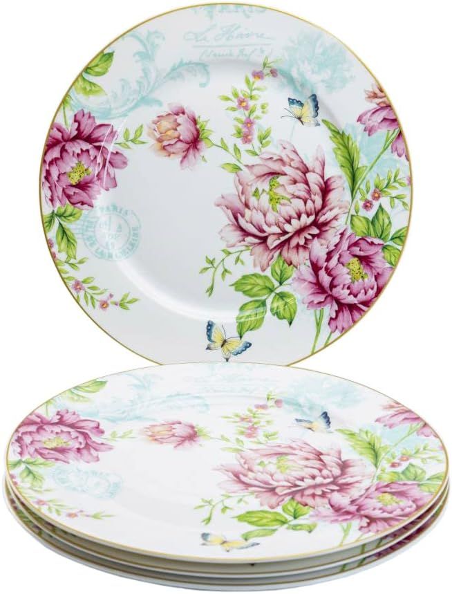 Peony Garden Pink and Blue Porcelain Dinner Plates, Set of 4