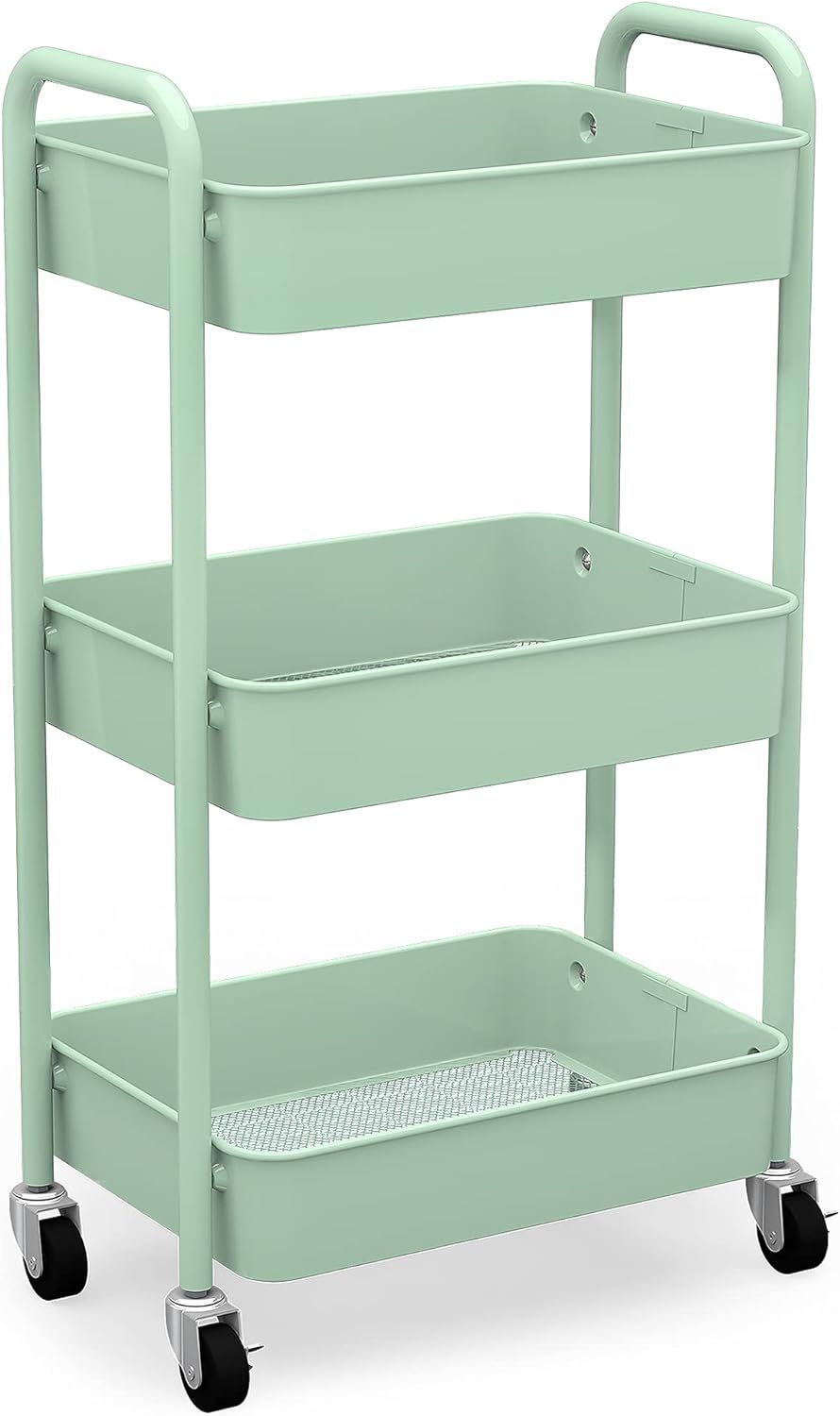 Aqua Green 3-Tier Alloy Steel Kitchen Cart with Storage