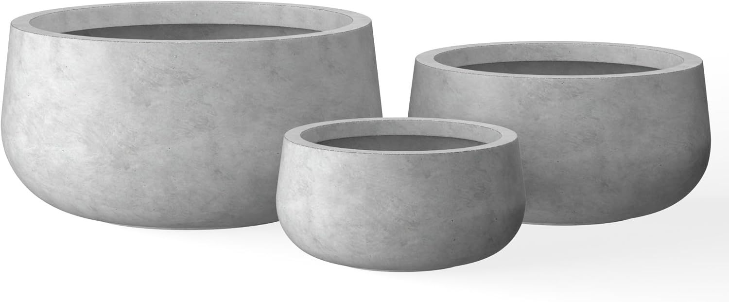 Set of 3 Round Gray Concrete Planters with Drainage