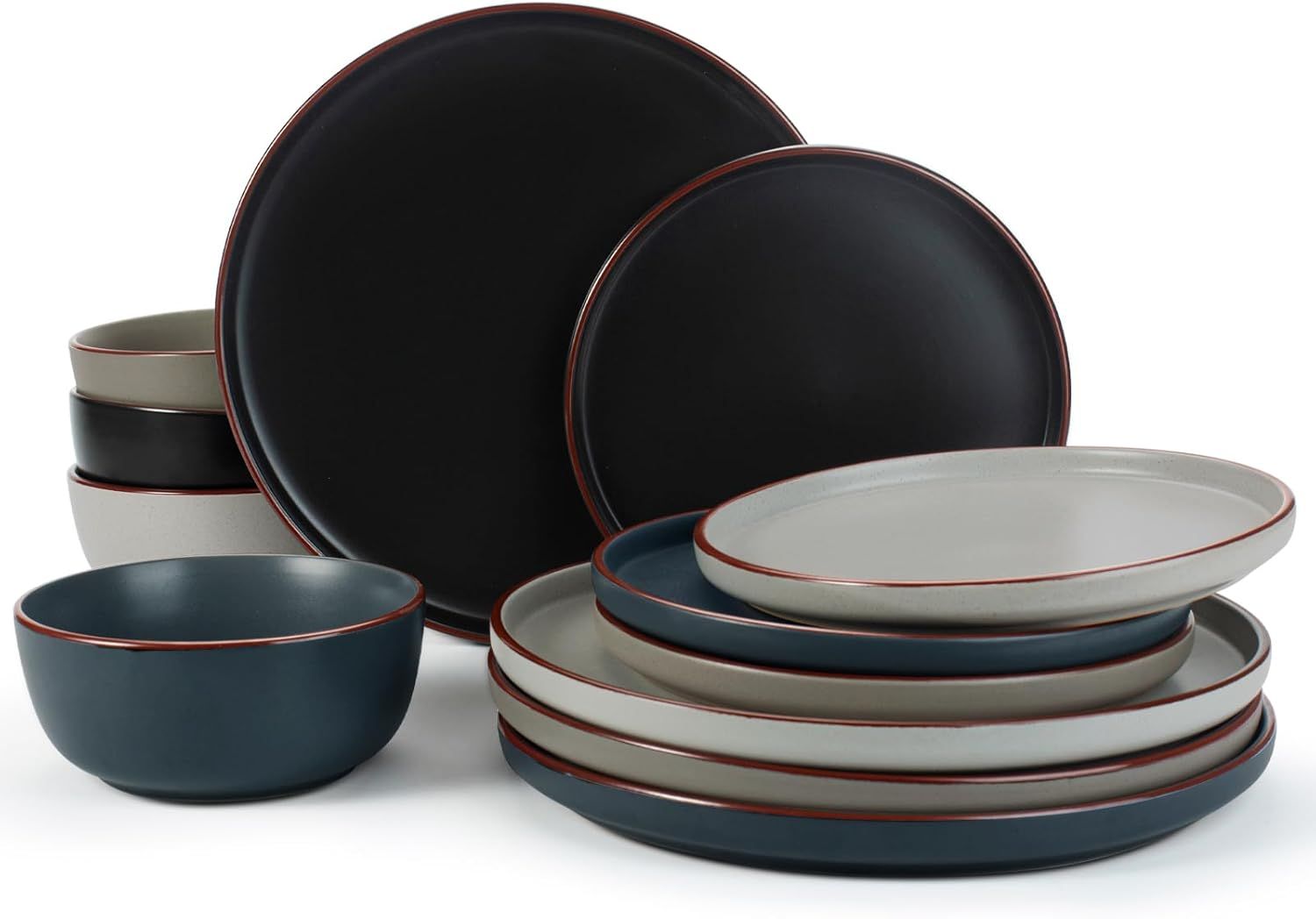 Multicolor Ceramic 12-Piece Dinnerware Set with Handcrafted Edges