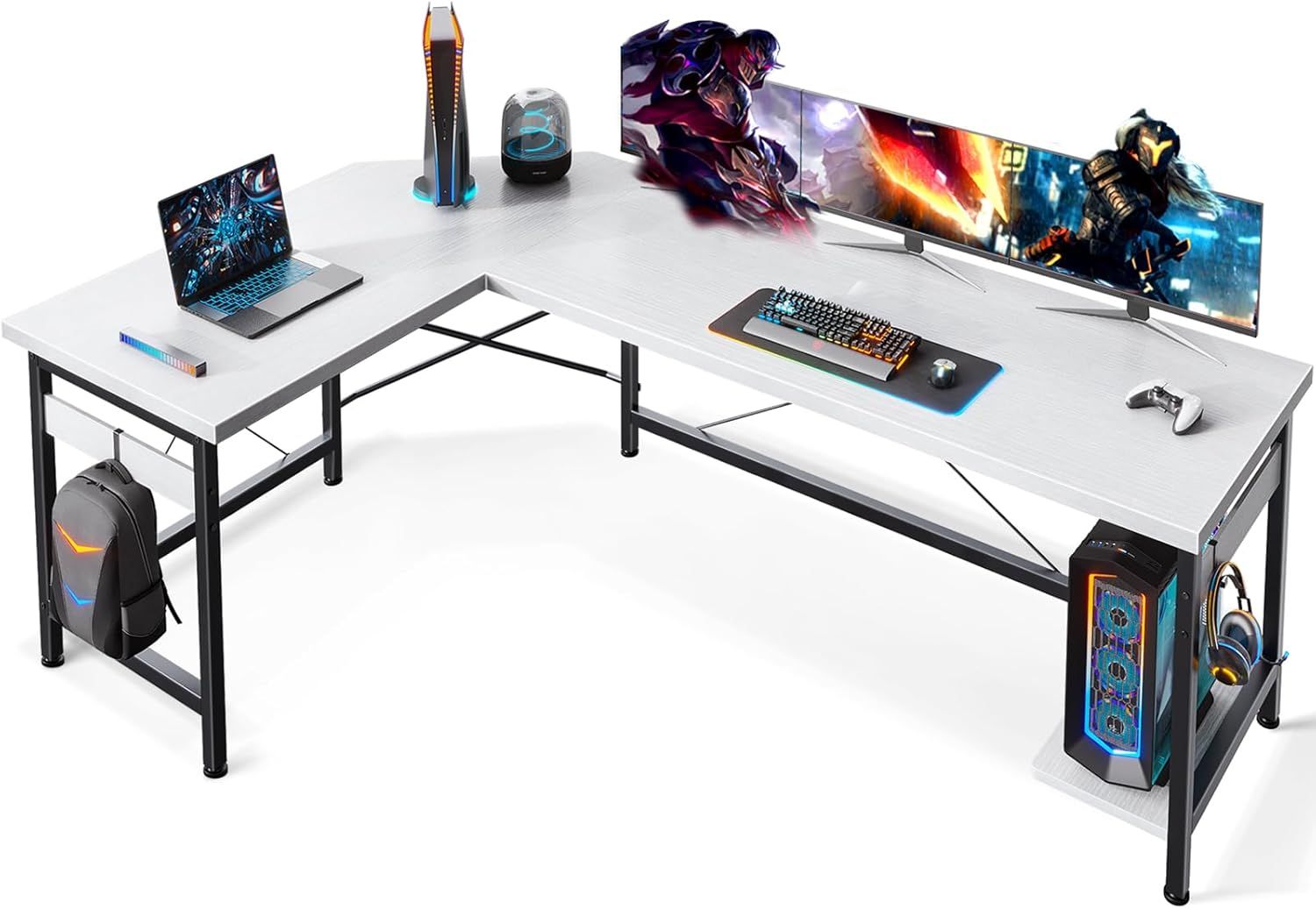 White L-Shaped Gaming Desk with Power Outlet and Drawer