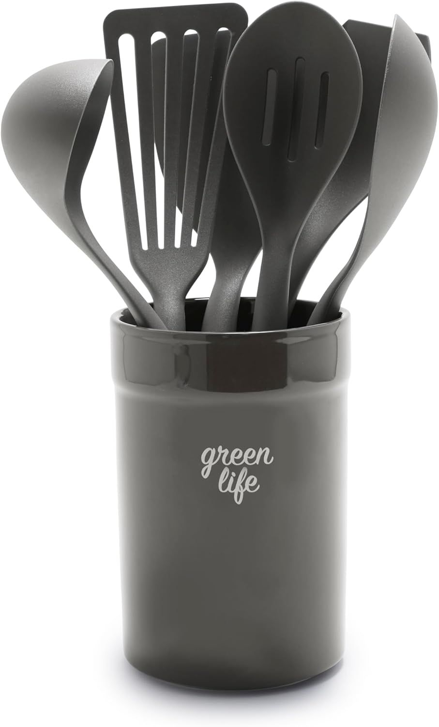 Black Nylon and Wood 7-Piece Cooking Utensil Set with Ceramic Holder