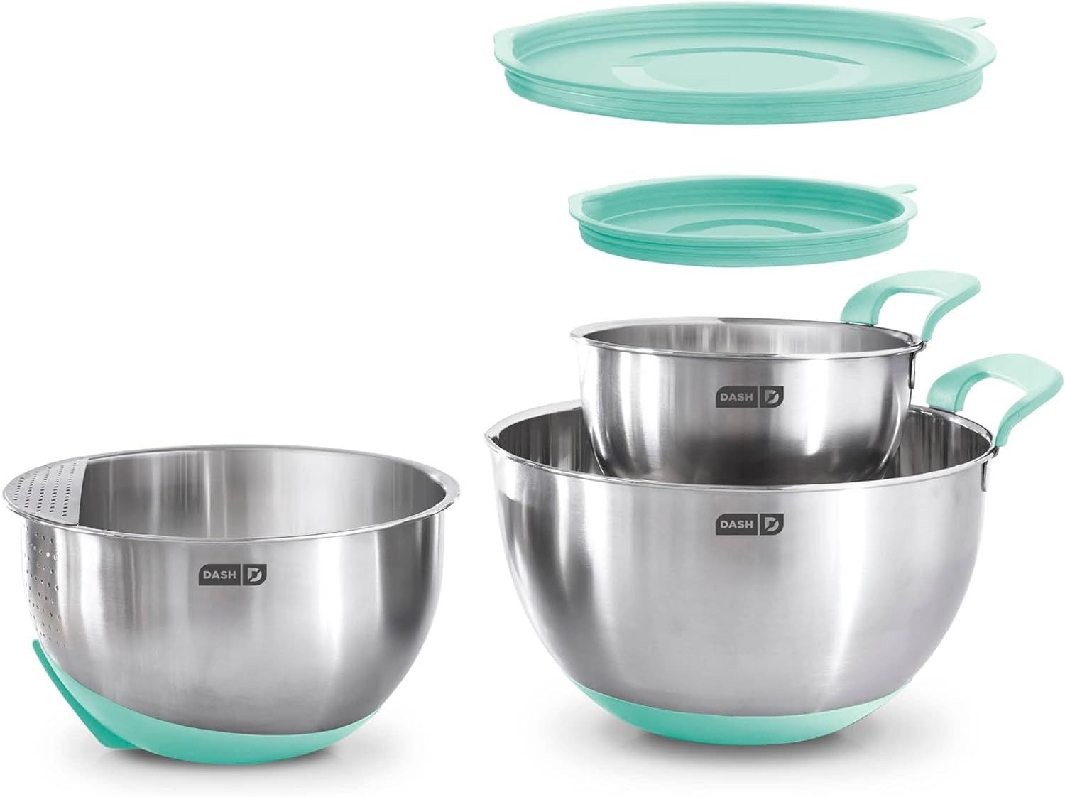 Aqua Stainless Steel Mixing Bowl Set with Lids and Silicone Base