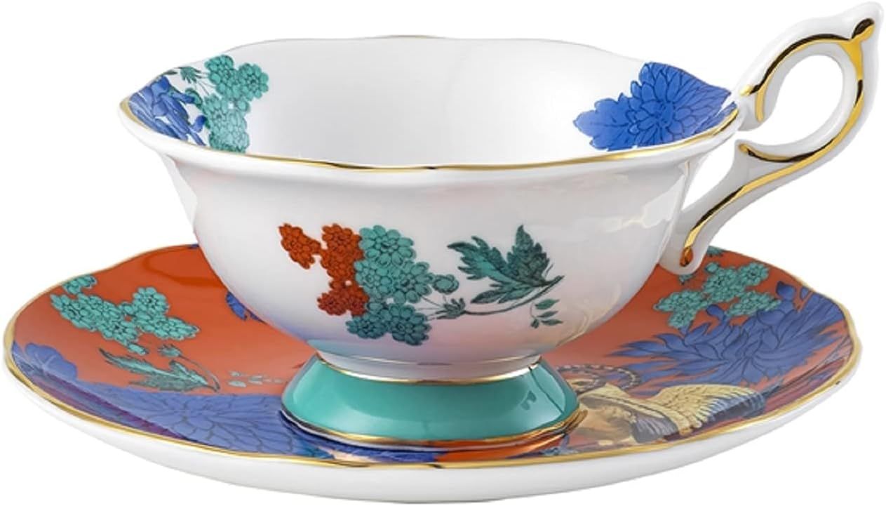 Golden Parrot Ceramic Teacup and Saucer with Gold Banding