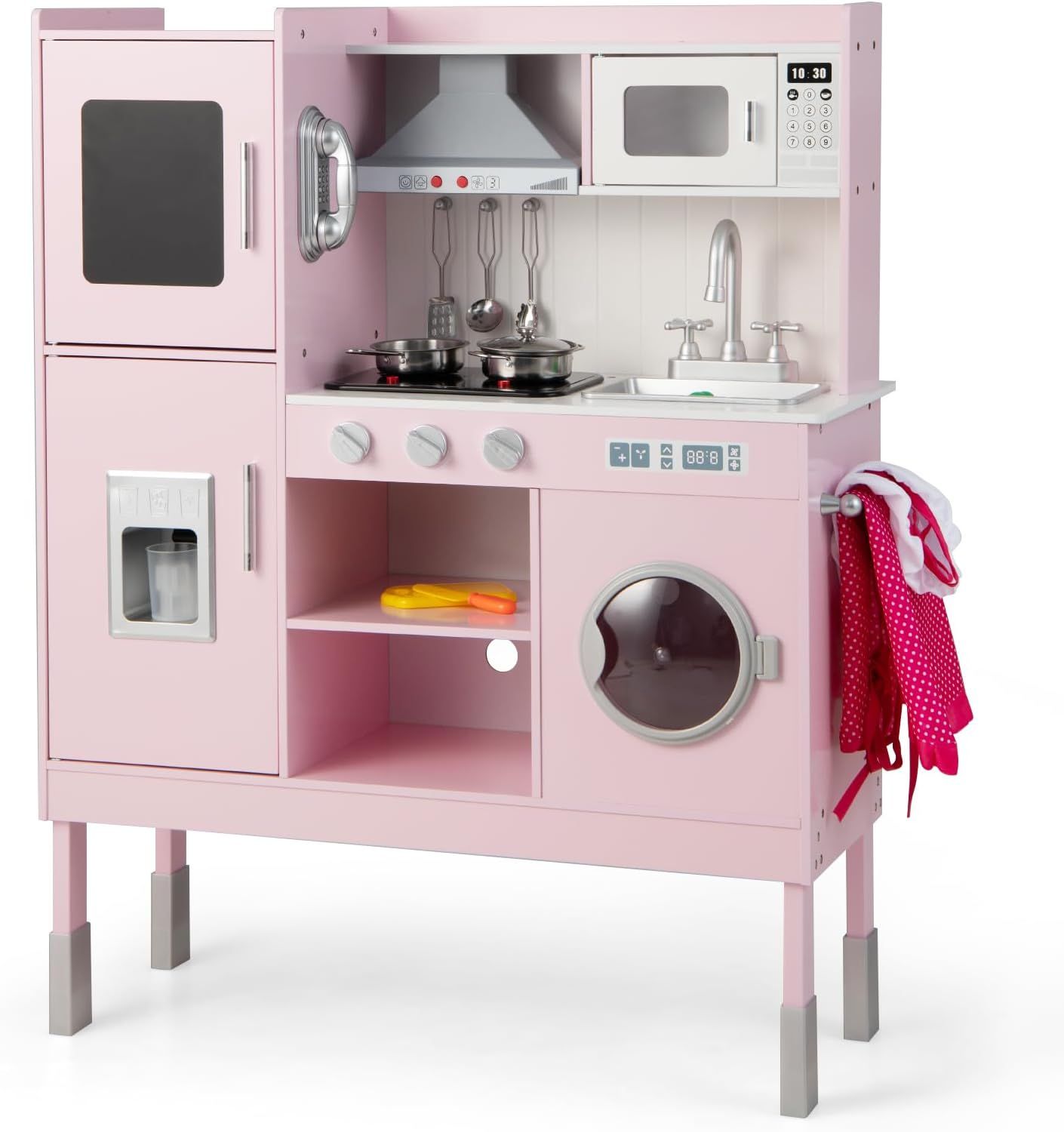 Pink Adjustable Height Wooden Kids Play Kitchen Set